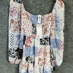 Wilfred Tempest Mini Dress Patchwork Floral Smocked Bodice Small Birch Bouquets